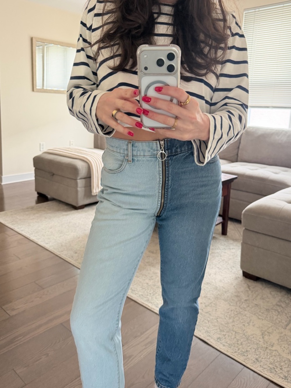 REVICE Two-Tone Straight Leg Jeans Yin Yang Zipper Jean Light Blue & Denim Blue